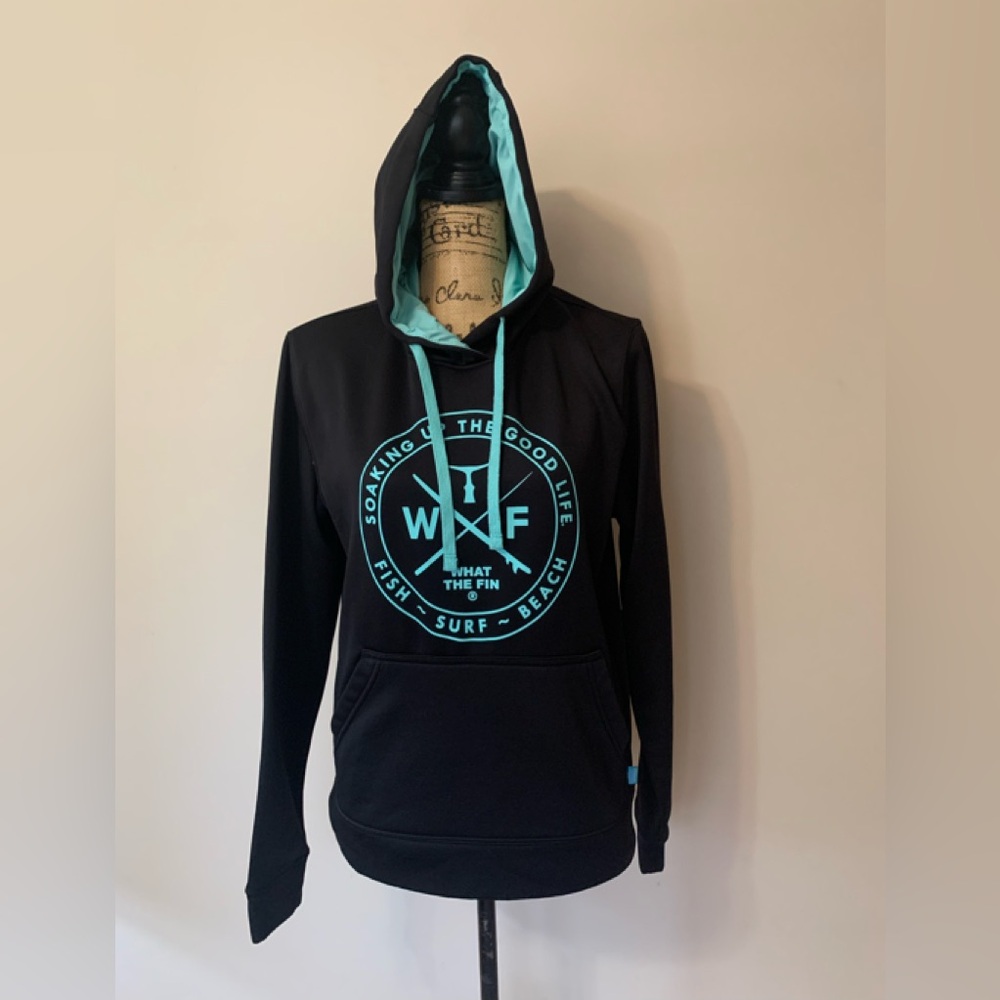 WHAT THE FIN black size SM 100% poly ladies “soaking up the good” hoodie LNWOT
